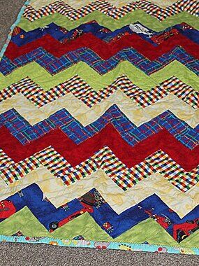 Handmade Baby Quilt Colorful Diagonal Stripes, Size 39 inches by 49 inches